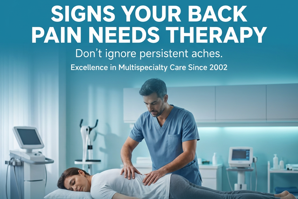 A physiotherapist providing back therapy to a patient lying face down on a treatment bed in a modern medical clinic, highlighting signs that back pain needs professional therapy.