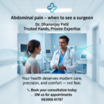 A smiling male surgeon, Dr. Dhananjay Patil, in a white coat consulting with a female patient in a bright, modern hospital setting, emphasizing expert care for abdominal pain.