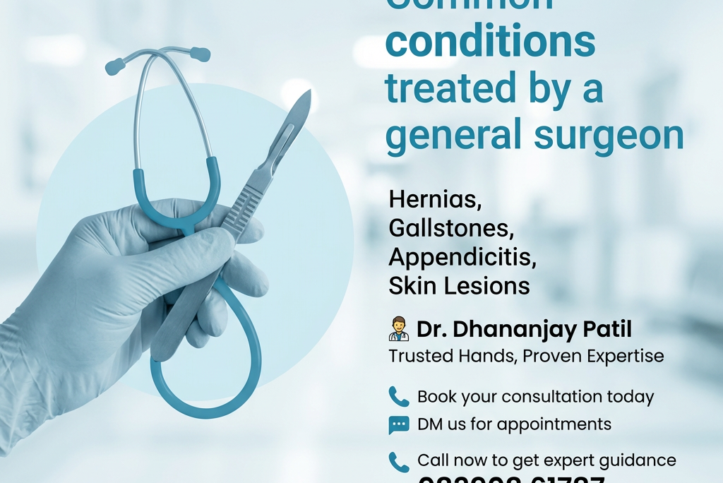 Chetna Hospital in Chinchwad, Pune promoting common conditions treated by General Surgeon Dr. Dhananjay Patil, including hernias, gallstones, appendicitis, and skin lesions.