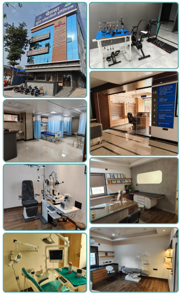 Chetna Hospital PCMC Pune exterior, patient rooms, rehabilitation equipment, consultation office, ophthalmology and dental treatment rooms, showcasing modern healthcare facilities.