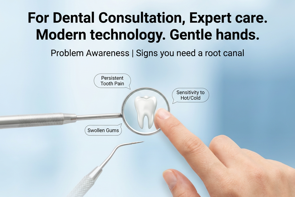 Dental awareness poster showing signs you may need a root canal, including persistent tooth pain, sensitivity to hot and cold,