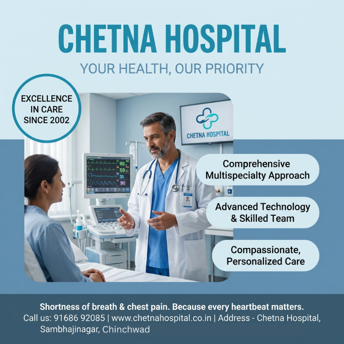 A male doctor in a white coat speaking compassionately to a female patient in a hospital room equipped with medical monitors, representing Chetna Hospital’s commitment to advanced technology, personalized care, and a multi