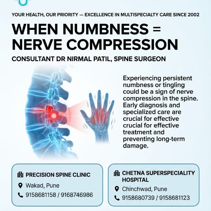 Medical poster showing nerve compression in the spine causing numbness and tingling, explained by spine surgeon Dr. Nirmal Patil in Pune.