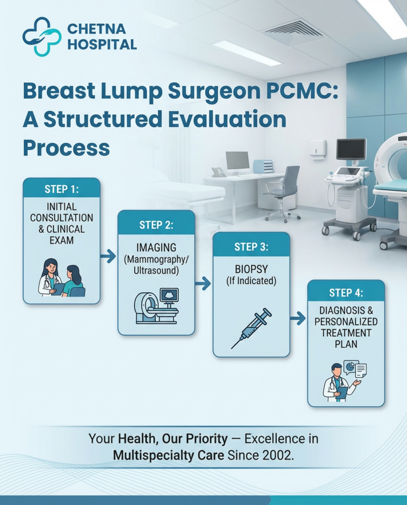 Breast lump surgeon PCMC infographic from Chetna Hospital explaining the differences between a Cyst, Fibroadenoma, Abscess, and Malignant Tumor for patients in Chinchwad.