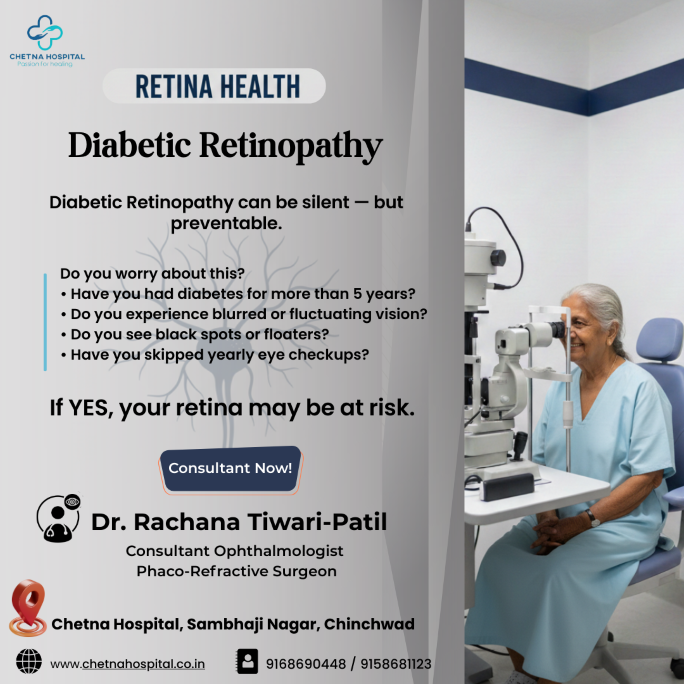 Diabetic retinopathy awareness poster by Chetna Hospital showing an elderly woman having an eye exam, highlighting that diabetic retinopathy is silent but preventable and encouraging timely ophthalmology consultation.