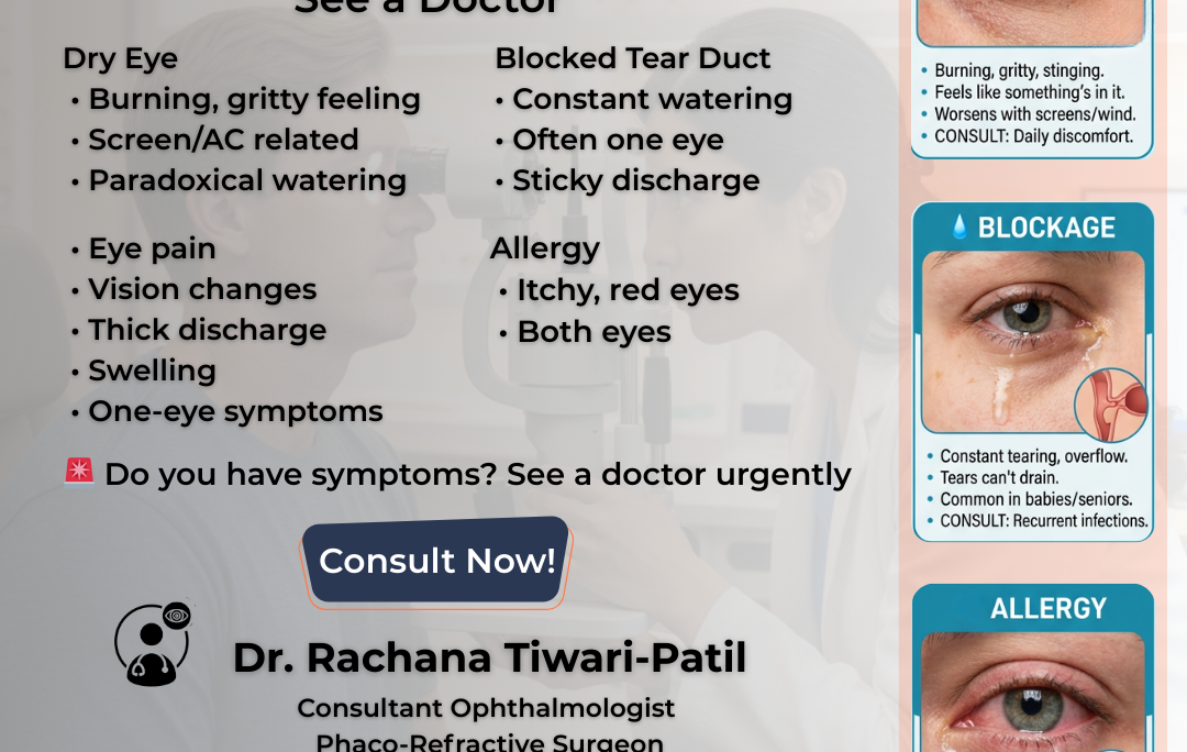 Eye care awareness poster about watering eyes, showing symptoms
