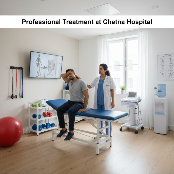 Physical therapist treating a patient at Chetna Hospital using advanced rehabilitation equipment and stretching techniques.