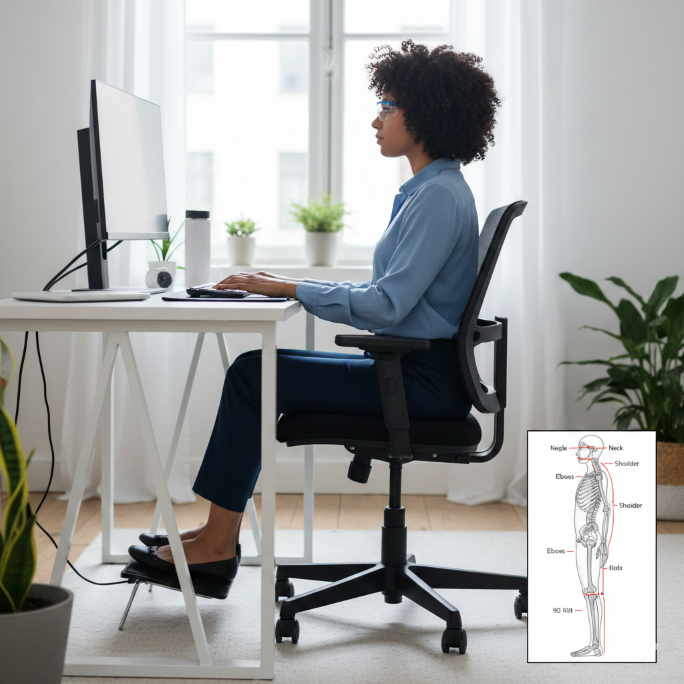 Professional workstation setup showing correct ergonomic posture and spinal alignment for office and IT workers.