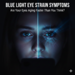 A split-screen illustration showing a healthy eye on one side and an eye with redness and dilated vessels caused by blue light strain on the other.