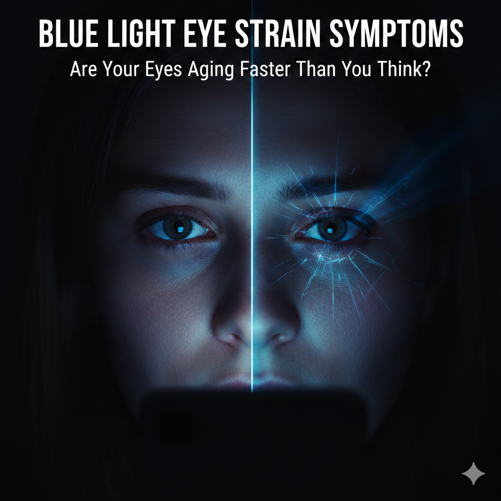 A split-screen illustration showing a healthy eye on one side and an eye with redness and dilated vessels caused by blue light strain on the other.