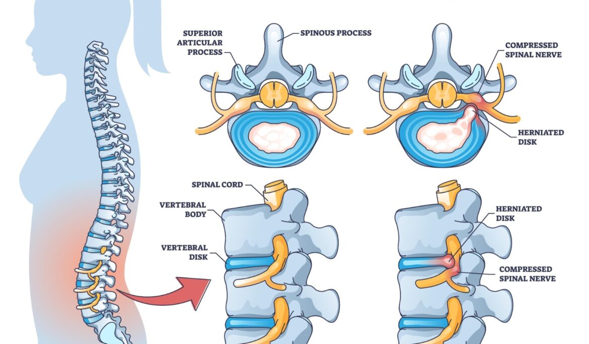 Illustration of healthy spine anatomy compared to a herniated disc with compressed spinal nerve, a common condition treated by a back pain doctor.