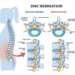 Illustration of healthy spine anatomy compared to a herniated disc with compressed spinal nerve, a common condition treated by a back pain doctor.