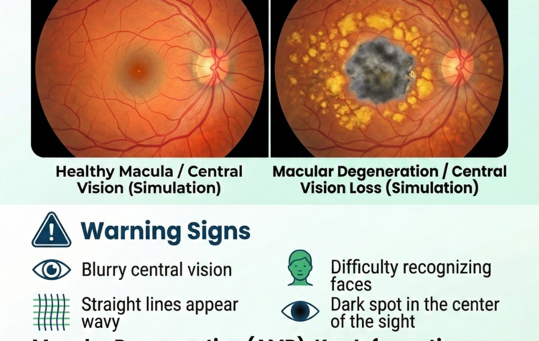 Macular degeneration vision simulation showing healthy retina vs central vision loss with symptoms and warning signs.