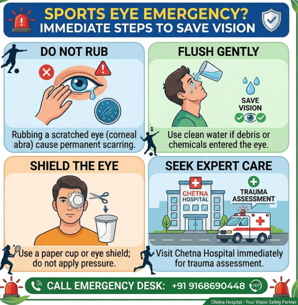 Emergency sports eye treatment in PCMC Chetna Hospital.