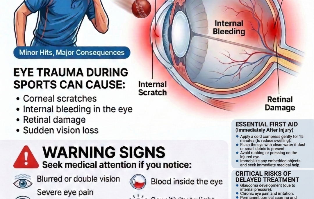 Eye trauma during sports infographic explaining symptoms, first aid, and when to see an ophthalmologist.