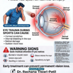 Eye trauma during sports infographic explaining symptoms, first aid, and when to see an ophthalmologist.