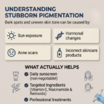 Infographic by the Best Skin Doctor in Pune, Dr. Aishwarya Patil, explaining the causes and effective treatments for stubborn skin pigmentation.
