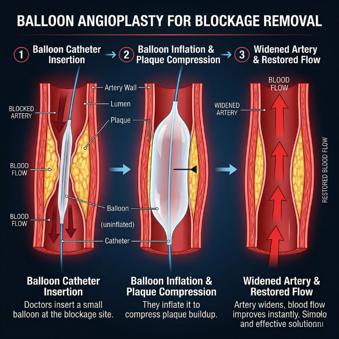 Balloon angioplasty procedure in Cardiac Cath Lab Chetna showing artery blockage removal and restored blood flow
