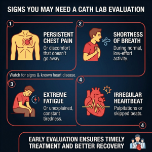 Symptoms needing evaluation in Cardiac Cath Lab Chetna including chest pain, shortness of breath, fatigue, and irregular heartbeat.