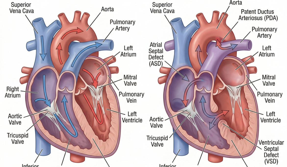 Pediatric cardiologist diagnosing congenital heart disease in infant.
