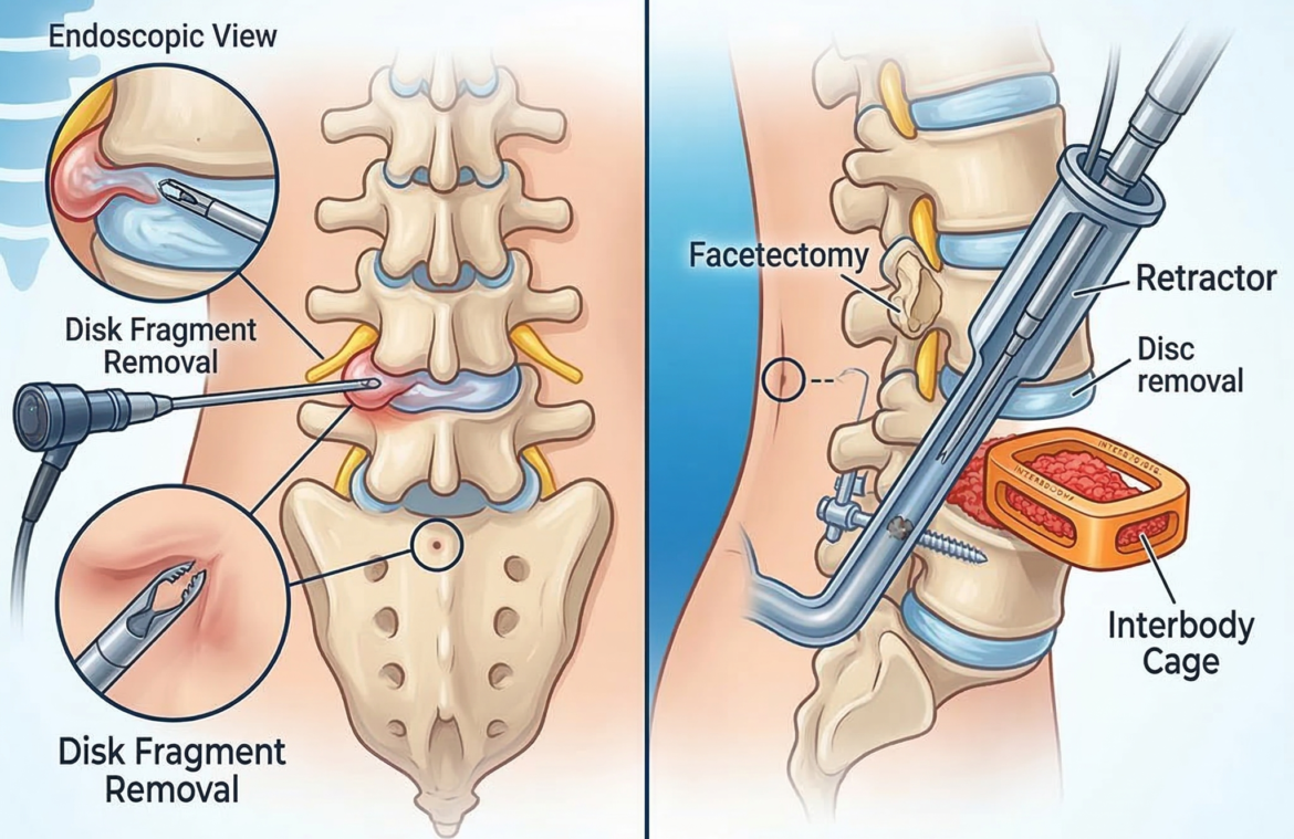Medical illustration comparing Endoscopic Discectomy and MIS-TLIF (Minimally Invasive Transforaminal Lumbar Interbody Fusion). The left side shows a targeted removal of a disc fragment via a tiny incision with an endoscope. The right side shows a fusion procedure where the entire disc is removed and replaced with an interbody cage and bone graft for spinal stability using a tubular retractor.
