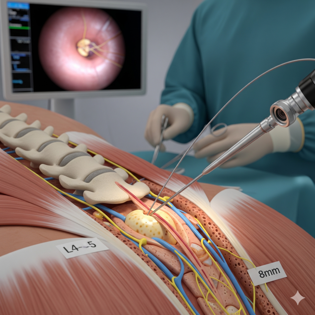 3D medical illustration of an endoscopic spine surgery showing a thin endoscope inserted through a small 8mm incision to treat a herniated disc at Chetna Hospital, Pune.