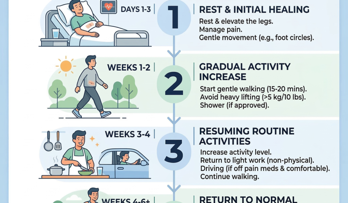 A four-step infographic titled "Hernia Surgery Recovery Timeline." Step 1 (Days 1-3): Rest and initial healing while in bed. Step 2 (Weeks 1-2): Gradual activity increase with gentle walking. Step 3 (Weeks 3-4): Resuming routine activities like cooking and driving. Step 4 (Weeks 4-6+): Return to normal life and moderate exercise like jogging.