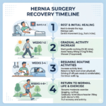 A four-step infographic titled "Hernia Surgery Recovery Timeline." Step 1 (Days 1-3): Rest and initial healing while in bed. Step 2 (Weeks 1-2): Gradual activity increase with gentle walking. Step 3 (Weeks 3-4): Resuming routine activities like cooking and driving. Step 4 (Weeks 4-6+): Return to normal life and moderate exercise like jogging.