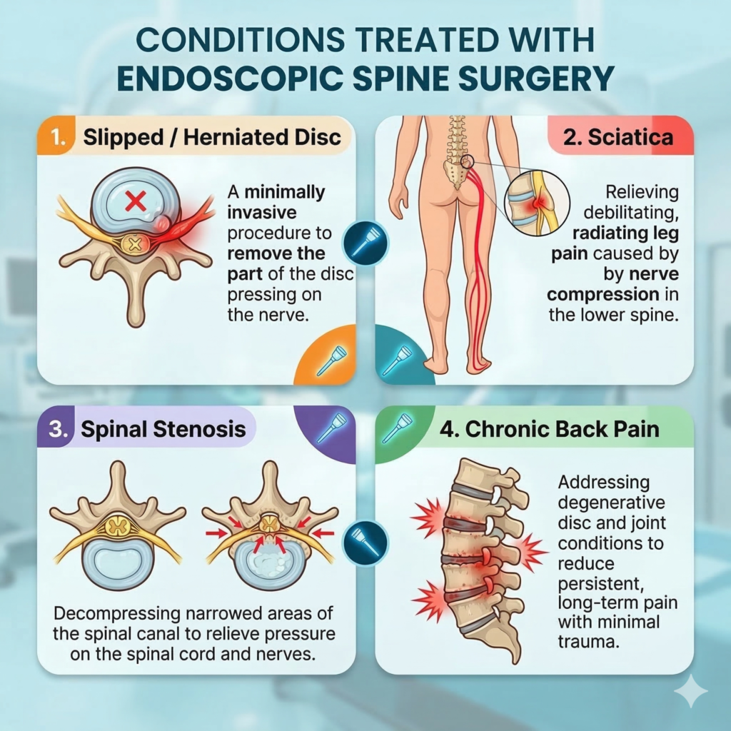 Infographic showing spinal conditions treated with endoscopic surgery including slipped disc, sciatica, spinal stenosis, and chronic back pain at Chetna Hospital, PCMC.