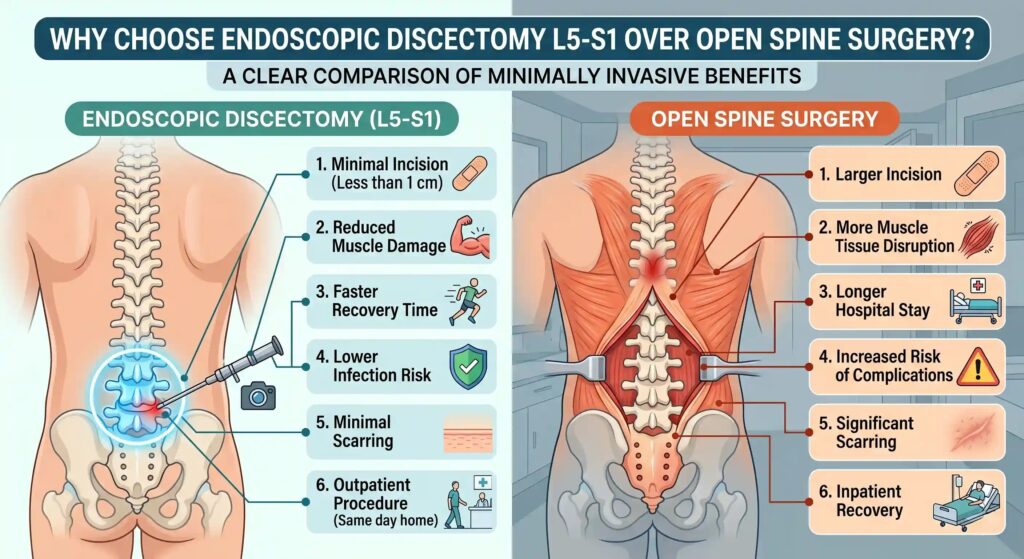 Endoscopic discectomy L5 S1 diagram showing disc herniation and nerve compression