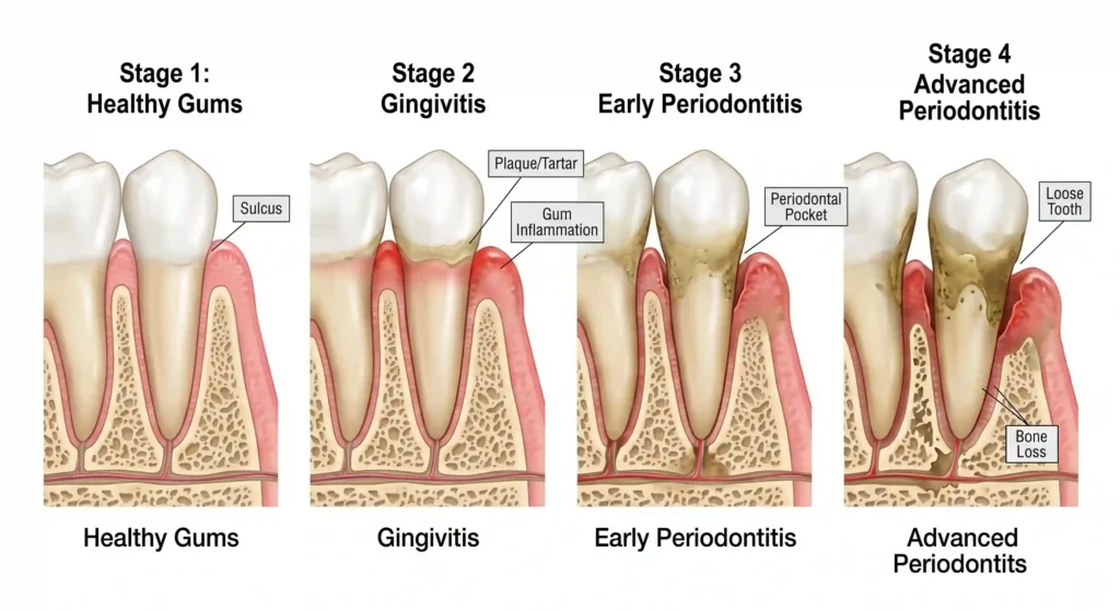 Stages of periodontal gum disease progression from healthy gums to advanced periodontitis - NextGen Dental Clinic Chinchwad.