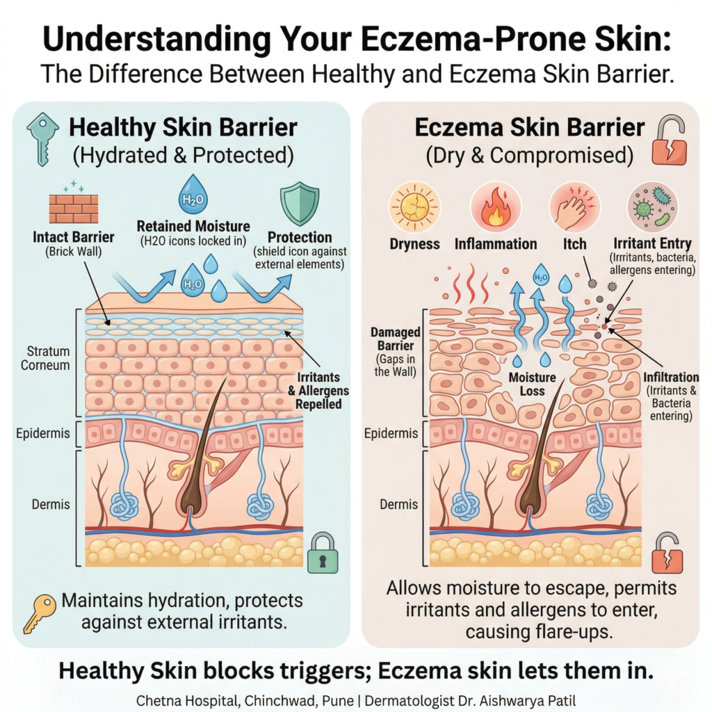 An infographic comparing a healthy skin barrier versus an eczema-affected skin barrier. The healthy panel shows a strong brick-wall structure retaining moisture. The eczema panel shows a damaged barrier allowing moisture loss and entry of irritants and bacteria. This educational diagram helps patients understanding eczema at Chetna Hospital, Chinchwad.