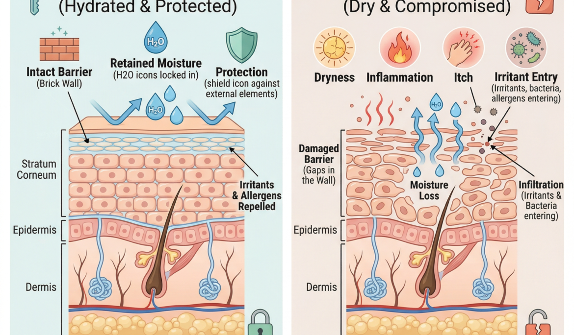 An infographic comparing a healthy skin barrier versus an eczema-affected skin barrier. The healthy panel shows a strong brick-wall structure retaining moisture. The eczema panel shows a damaged barrier allowing moisture loss and entry of irritants and bacteria. This educational diagram helps patients understanding eczema at Chetna Hospital, Chinchwad.