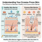An infographic comparing a healthy skin barrier versus an eczema-affected skin barrier. The healthy panel shows a strong brick-wall structure retaining moisture. The eczema panel shows a damaged barrier allowing moisture loss and entry of irritants and bacteria. This educational diagram helps patients understanding eczema at Chetna Hospital, Chinchwad.