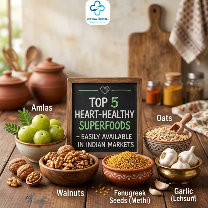 Indian superfoods for heart health including amla, oats, walnuts, garlic, and fenugreek cardiac Hospital near me