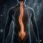 human torso with a highlighted spine showing a sideways curvature consistent with scoliosis, including labeled measurements of spinal angles.
