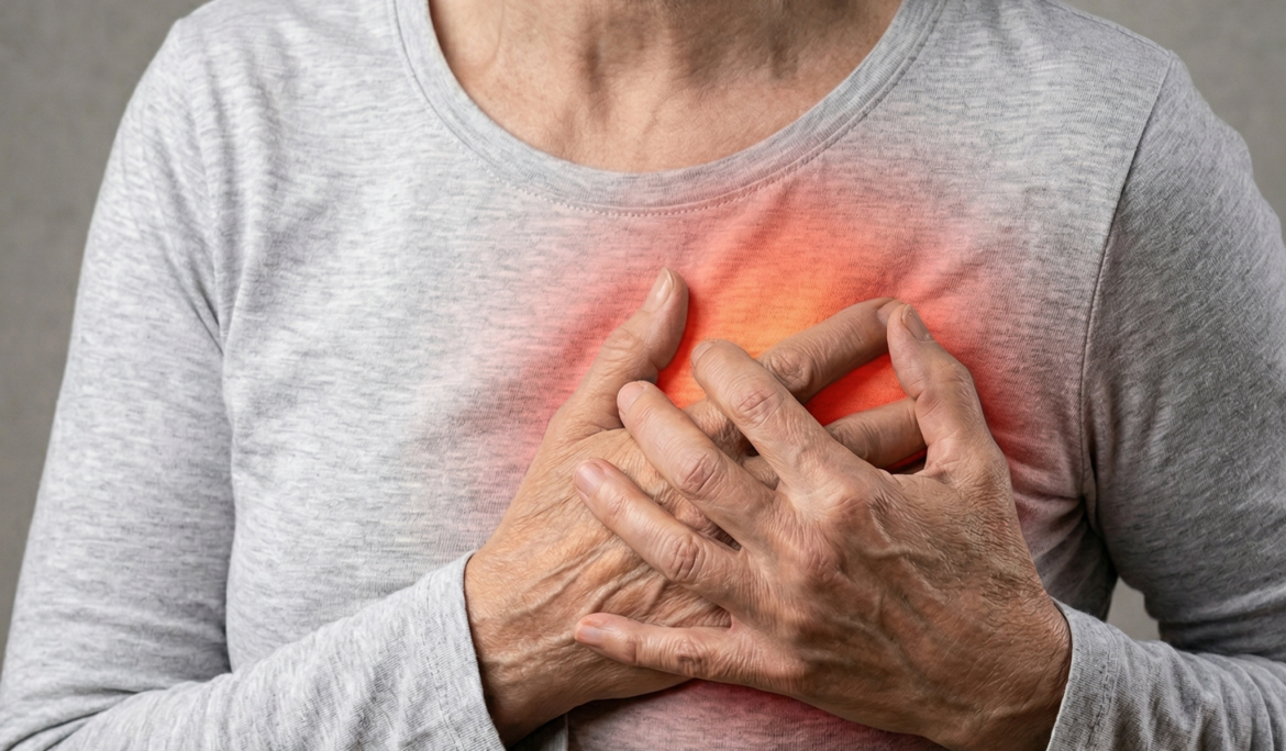 Left side chest pain symptoms showing heart attack warning signs in human body diagram
