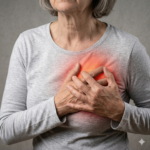 Left side chest pain symptoms showing heart attack warning signs in human body diagram