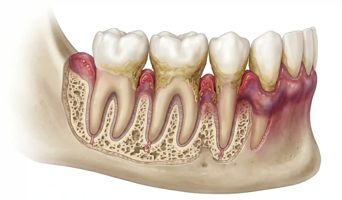 of periodontal gum disease from healthy gums to advanced periodontitis.