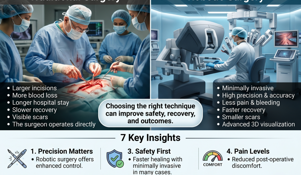 Comparison infographic of Robotic vs. Traditional Surgery by Dr. Dhananjay Patil, a leading general surgeon in PCMC. The visual highlights that robotic surgery offers higher precision and faster recovery through minimally invasive techniques at Chetna Hospital, Chinchwad, Pune.