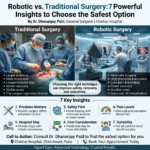 Comparison infographic of Robotic vs. Traditional Surgery by Dr. Dhananjay Patil, a leading general surgeon in PCMC. The visual highlights that robotic surgery offers higher precision and faster recovery through minimally invasive techniques at Chetna Hospital, Chinchwad, Pune.