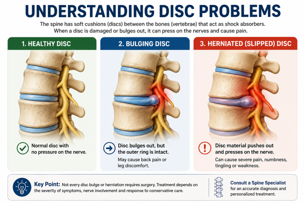 Comparison of healthy disc, bulging disc and herniated slipped disc
