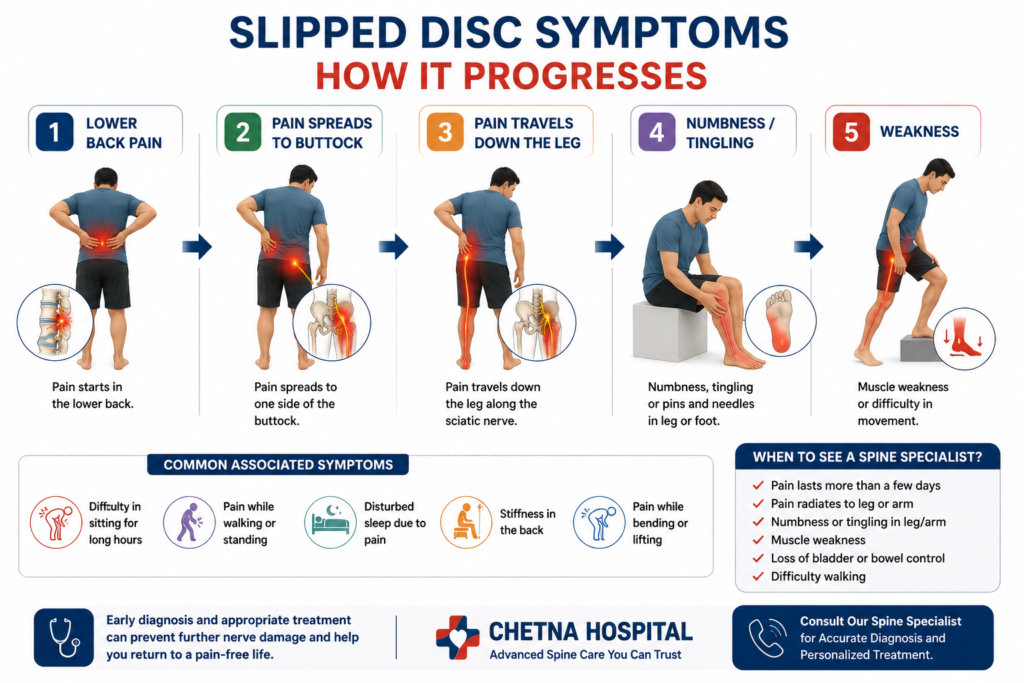 Slipped disc symptoms progressing from lower back pain to leg pain, numbness, tingling and weakness