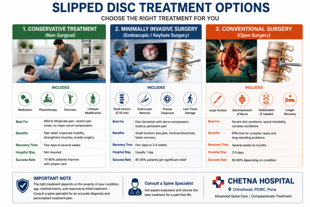 Comparison of conservative treatment, minimally invasive spine surgery and conventional surgery for slipped disc