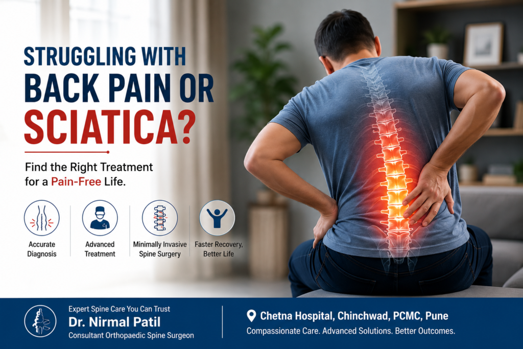 Patient experiencing lower back pain and sciatica with highlighted lumbar spine