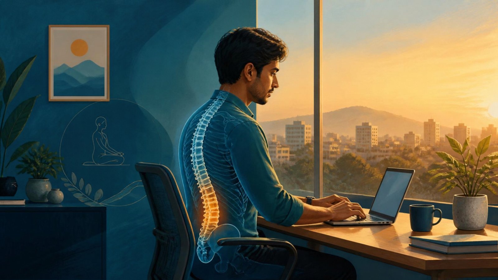 Illustration of a young office worker in Pune with lower back pain at a laptop desk