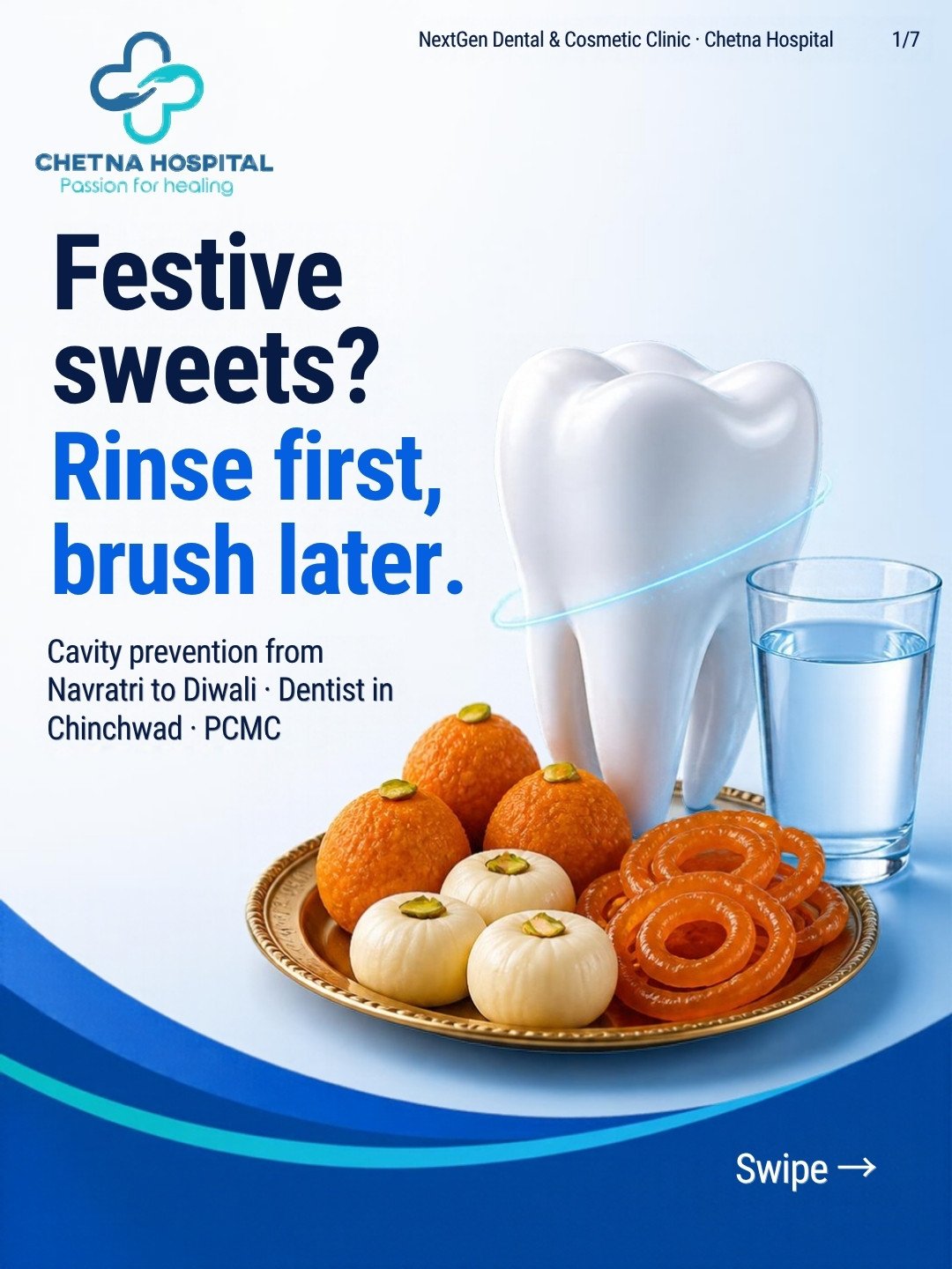 White molar beside a brass plate of ladoo, pedha and jalebi and a glass of water, blue wave at bottom. Heading: 'Festive sweets? Rinse first