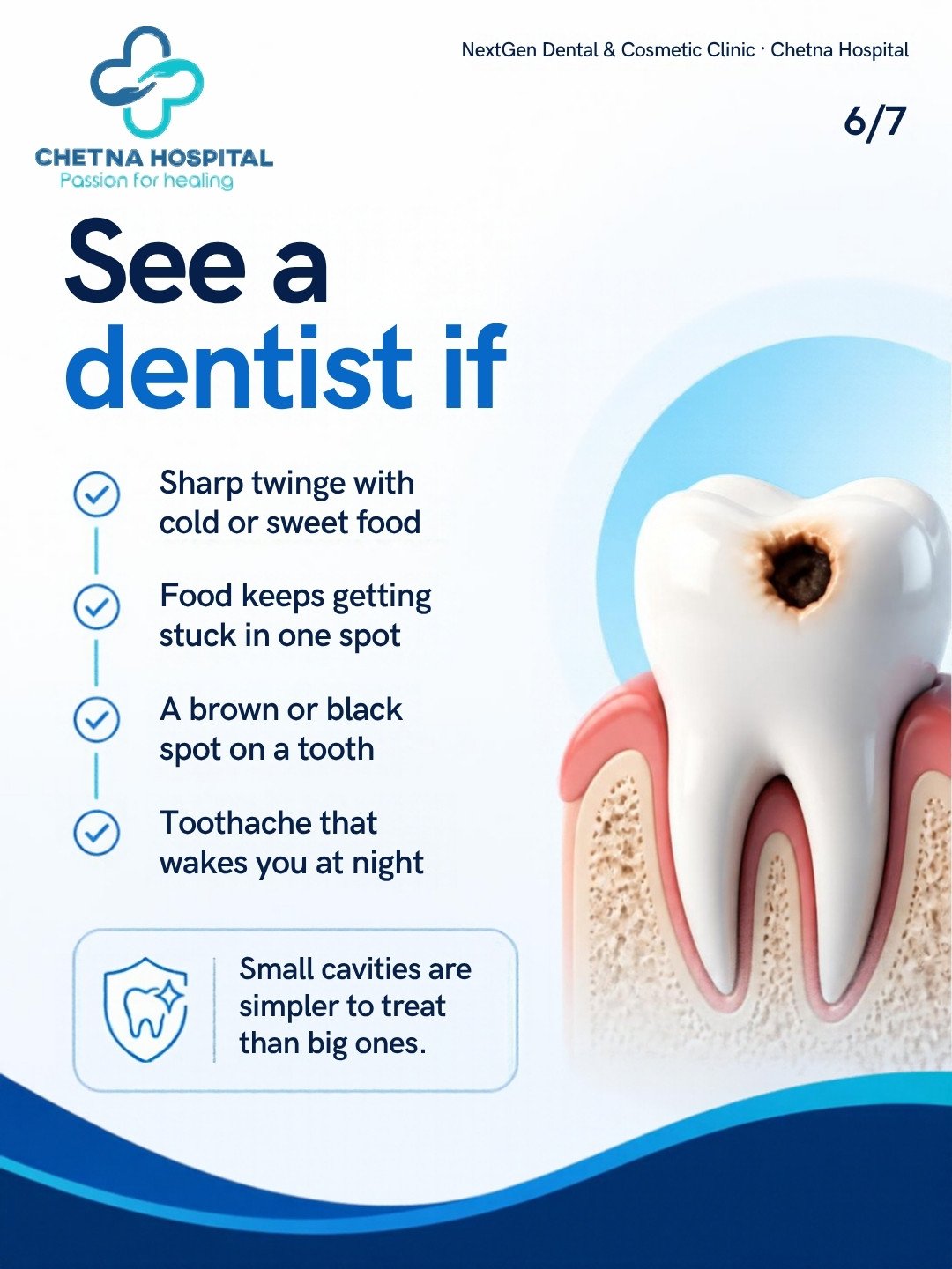 Illustrated molar with a dark cavity spot, shown in gum and bone cross-section. Heading: 'See a dentist if'. Tick list: 'Sharp twinge with c