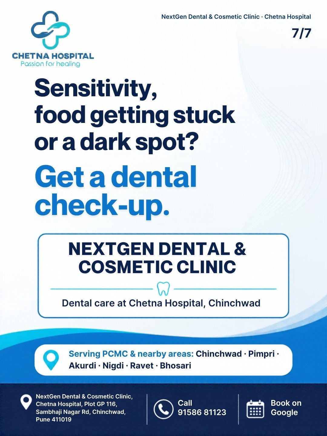 Text-only call-to-action page, no picture. Heading: 'Sensitivity, food getting stuck or a dark spot? Get a dental check-up.' Clinic card: 'N