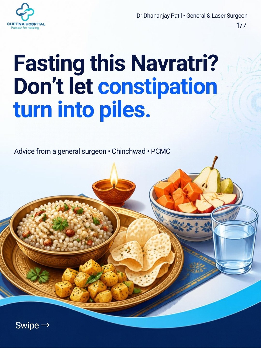 Slide 1: Fasting this Navratri? Don't let constipation turn into piles. Illustrated vrat plate with fried food on one side and fruit and water on the other.